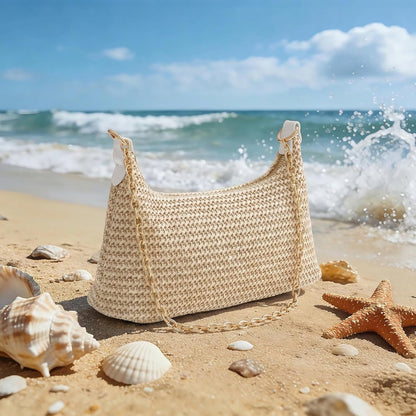 Stylish Crochet Straw Boho Shoulder Beach Bag for Effortless Summer Vibes