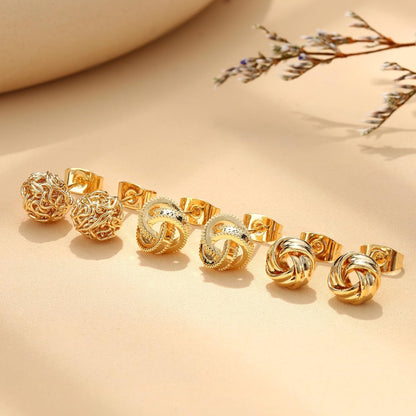 3 Pairs 14K Gold Plated Knot Stud Earrings for Women – Hypoallergenic Woven Ball Earrings Set for Sensitive Ears