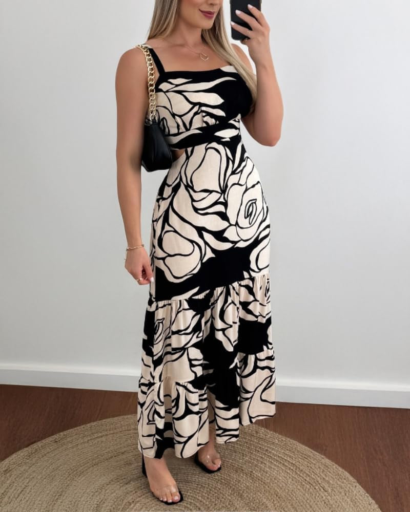 Effortlessly Elegant: Sleeveless Boho Square Neck Cut Out Maxi Dress in Classic Black