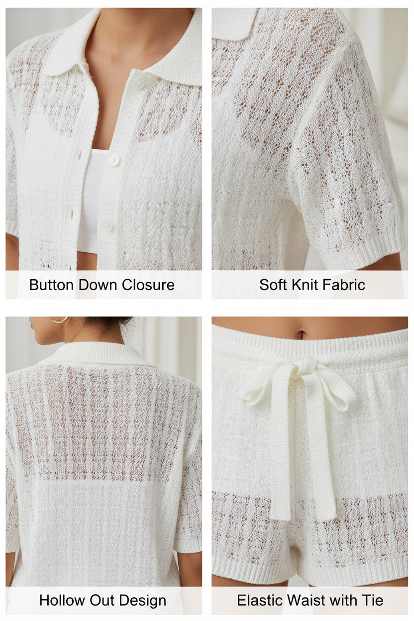 Women’s 2 Piece Knit Short Set – Color Block Button Down Shirt & Shorts Outfit