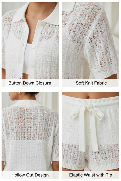 Women’s 2 Piece Knit Short Set – Color Block Button Down Shirt & Shorts Outfit