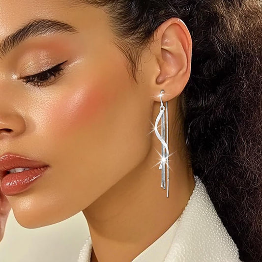 Silver Dangle Spiral Threader Long Tassel Earrings for Women