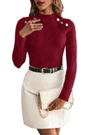 Women's Plain Button Decor Mock Neck Tee - Cyndora
