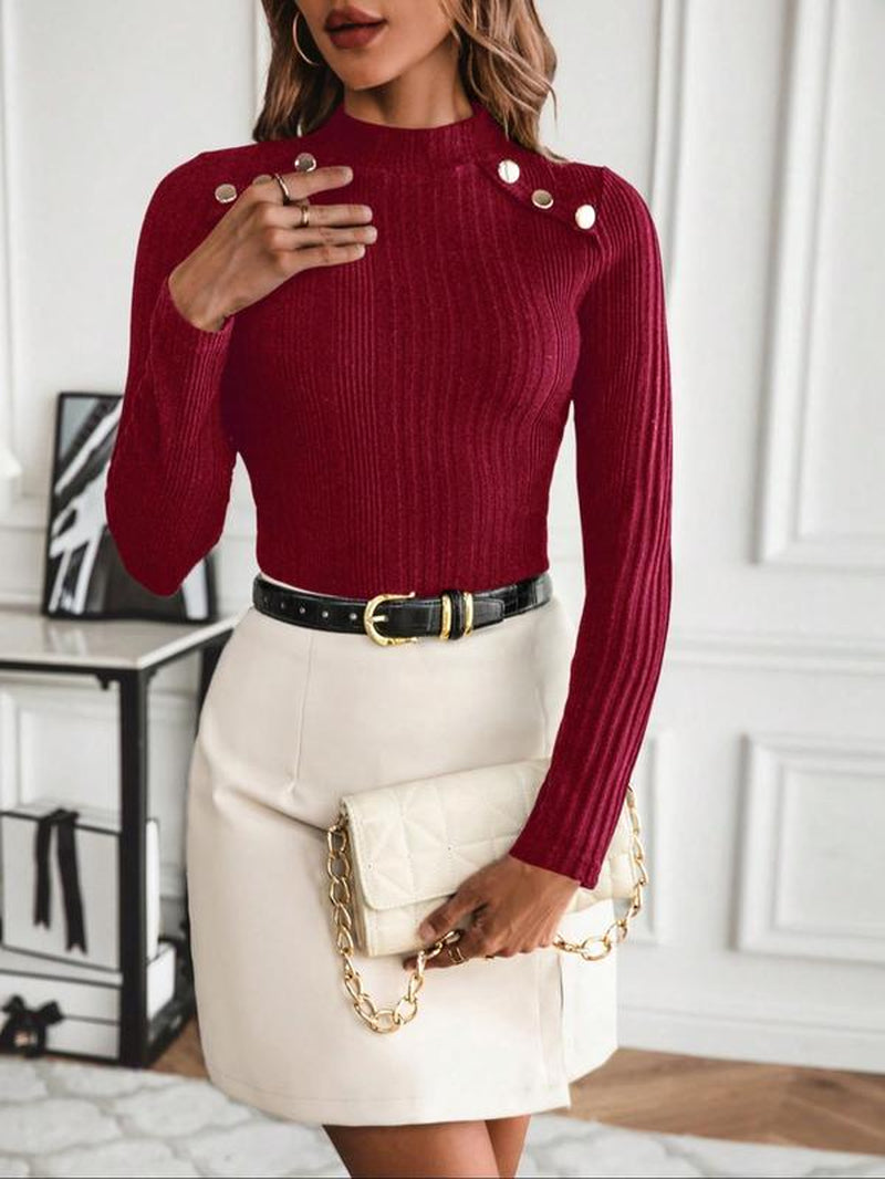 Women's Plain Button Decor Mock Neck Tee