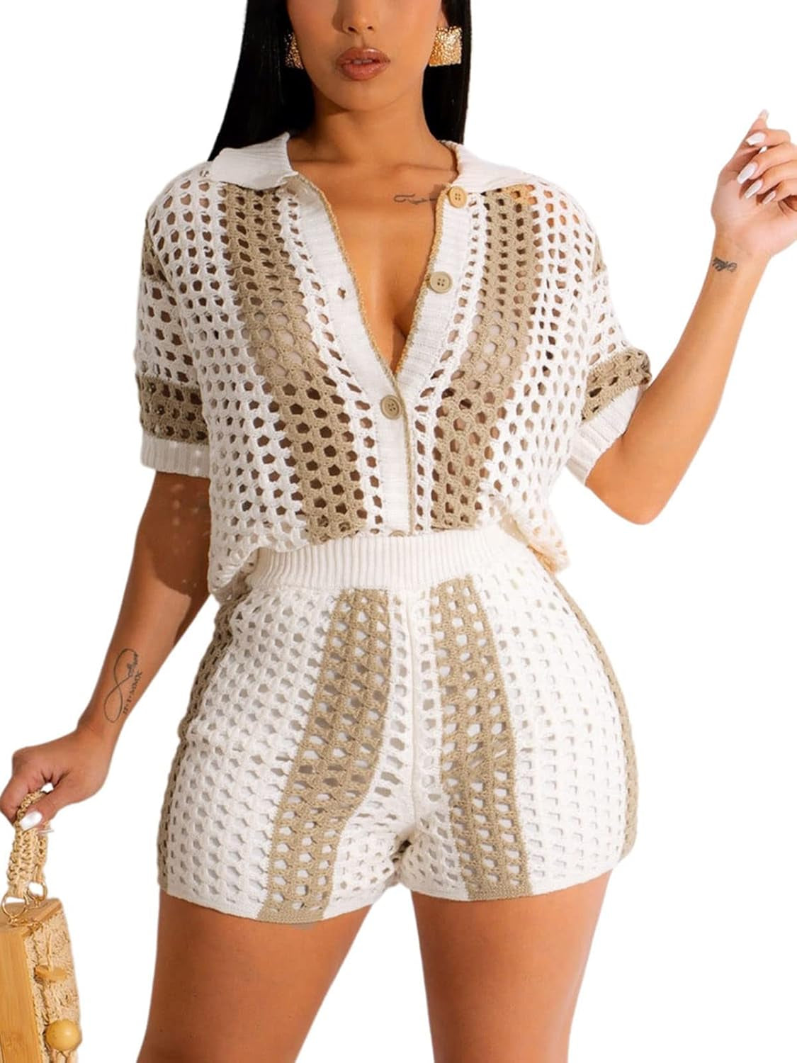 Women’s 2 Piece Knit Short Set – Color Block Button Down Shirt & Shorts Outfit