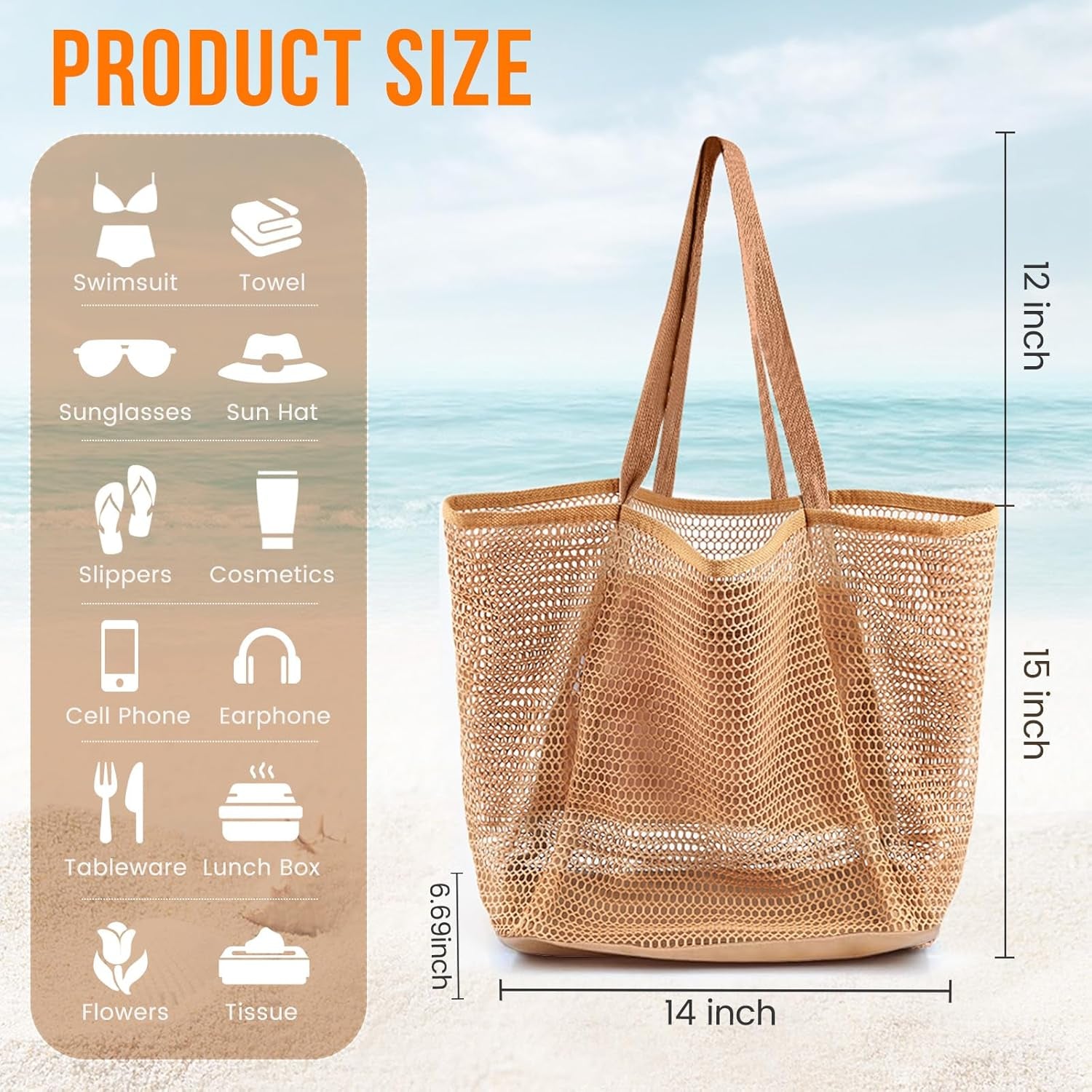 Stylish HOHOM Tan Beach Bag for Women - Versatile Summer Travel Mesh Tote with Large Inner Pocket and Sandproof Design