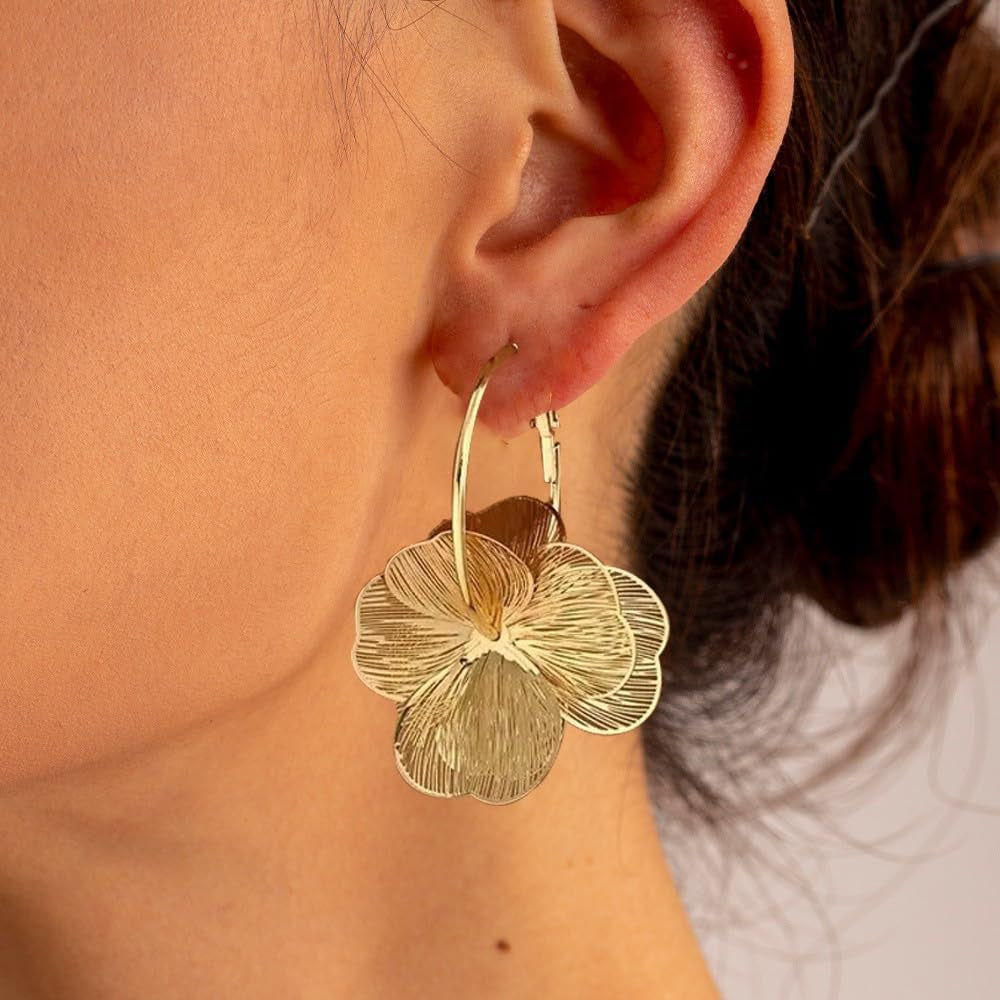 GAXAYA Dangle Flower Earrings - Elegant Gold-Tone Floral Hoop Jewelry for Women