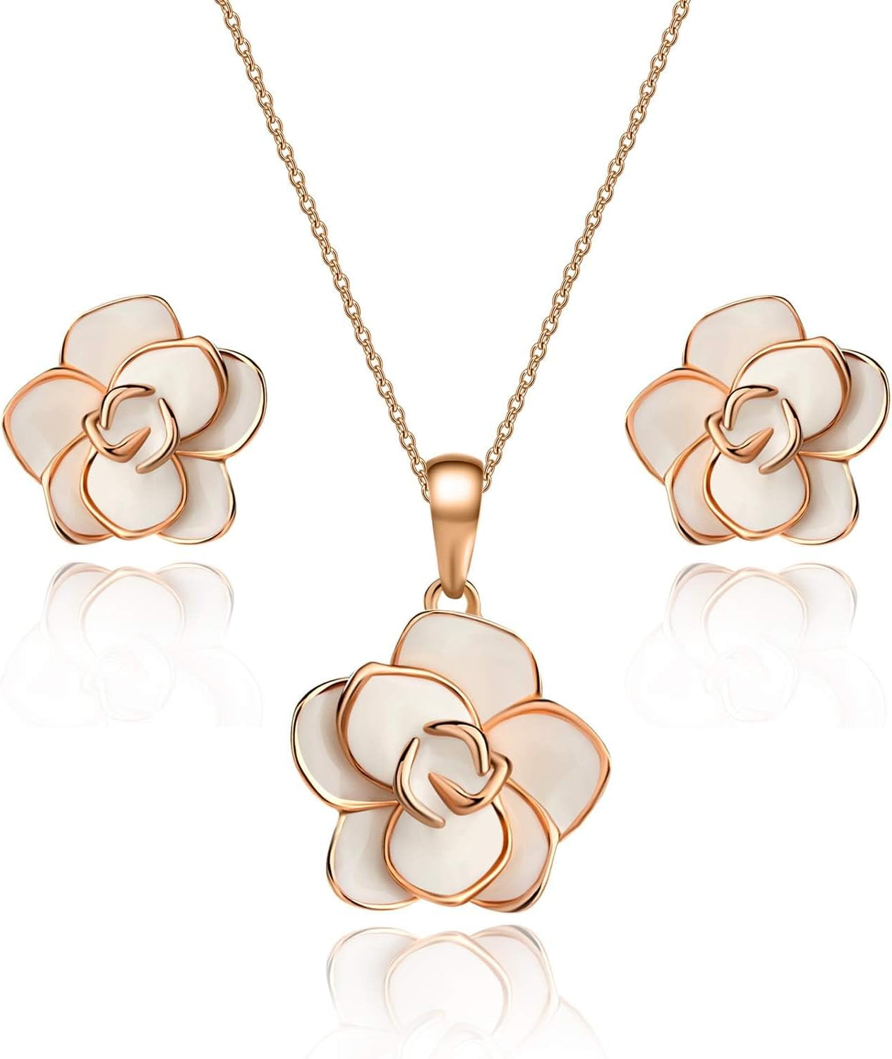 18K Gold Plated Hypoallergenic Rose Flower Necklace Earrings Set 