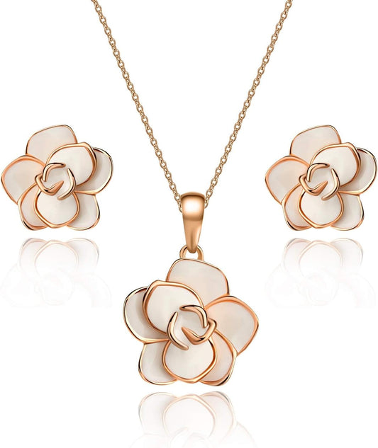 18K Gold Plated Hypoallergenic Rose Flower Necklace Earrings Set 