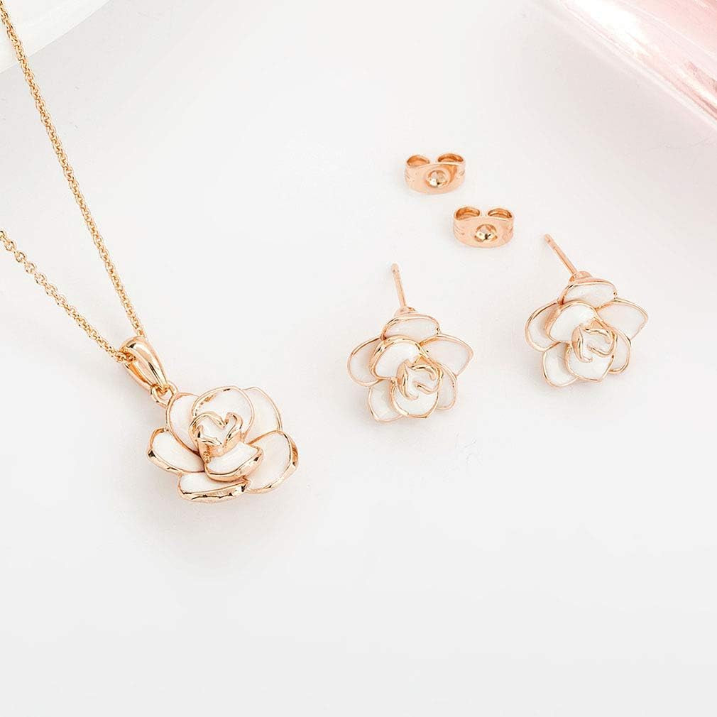 18K Gold Plated Hypoallergenic Rose Flower Necklace Earrings Set 