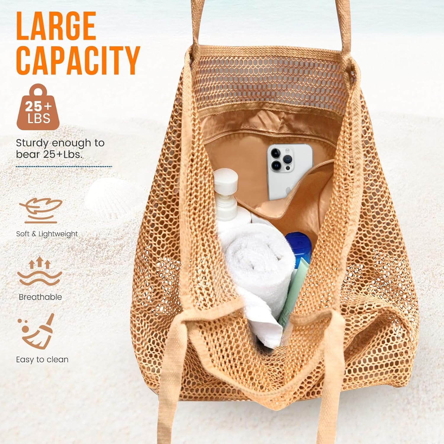 Stylish HOHOM Tan Beach Bag for Women - Versatile Summer Travel Mesh Tote with Large Inner Pocket and Sandproof Design