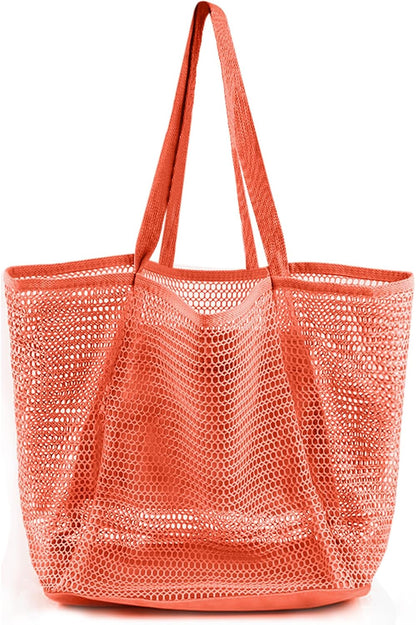 Stylish HOHOM Tan Beach Bag for Women - Versatile Summer Travel Mesh Tote with Large Inner Pocket and Sandproof Design