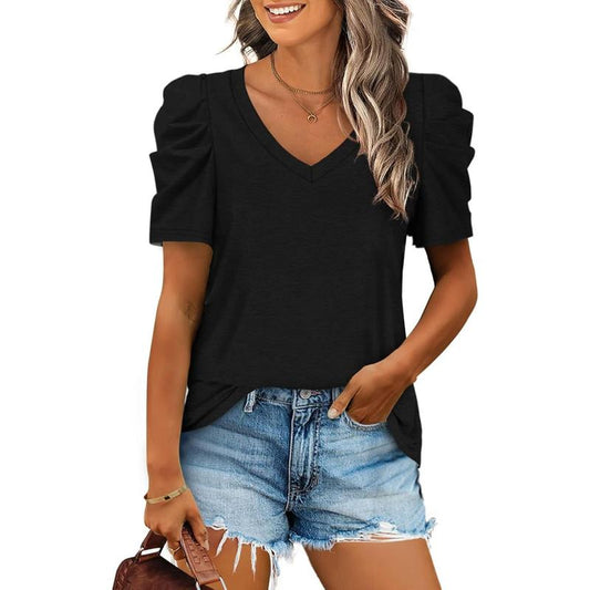Women's V Neck Puff Sleeve Top