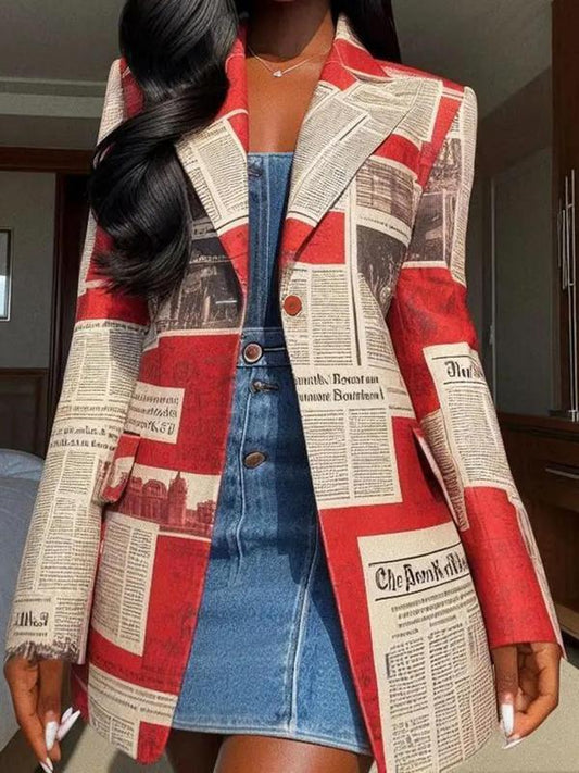 Women's All over Newspaper Print Button Front Blazer