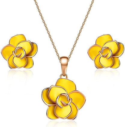 18K Gold Plated Hypoallergenic Rose Flower Necklace Earrings Set 