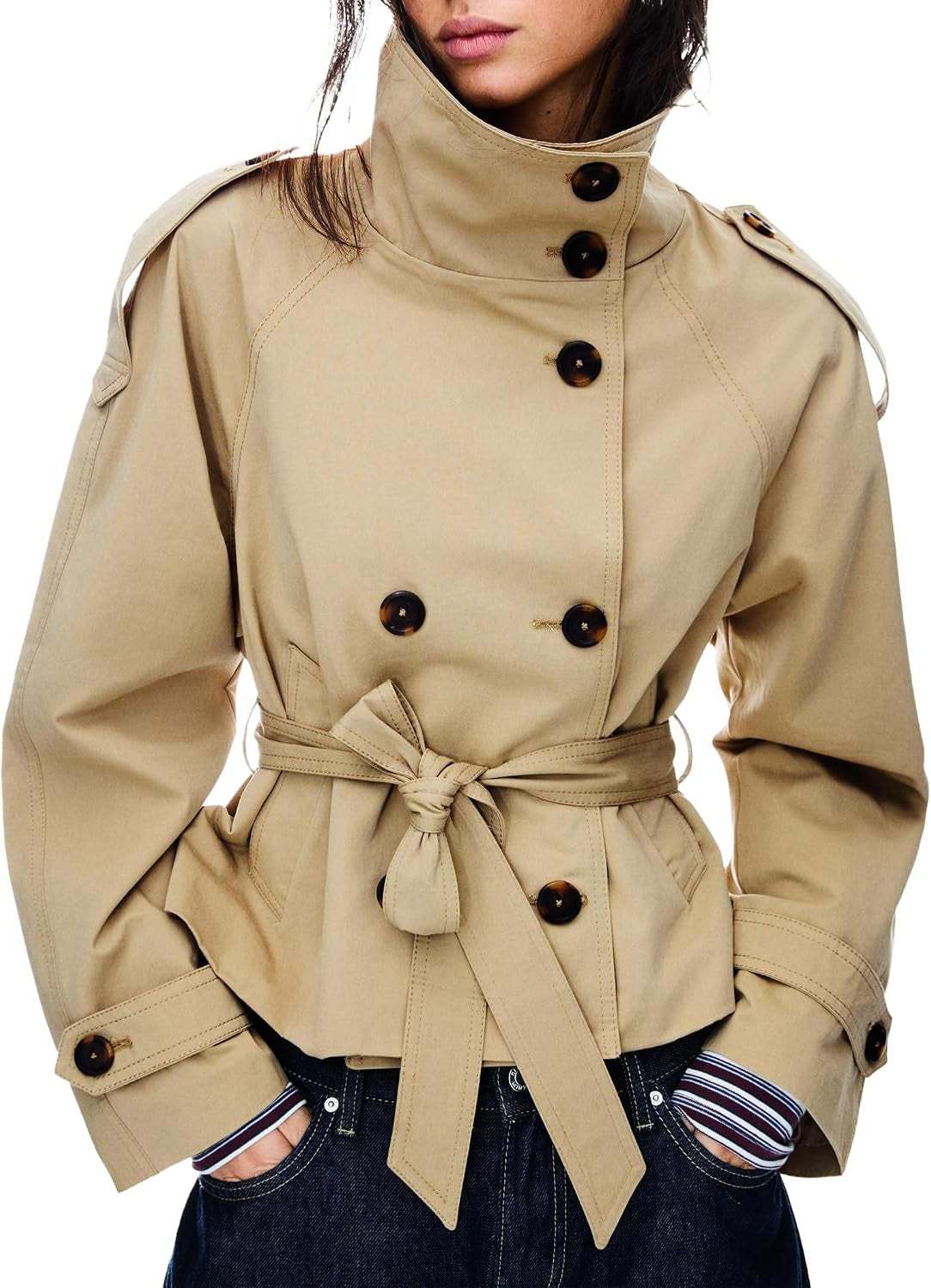 Double-Breasted Cropped Trench Coat with Removable Belt
